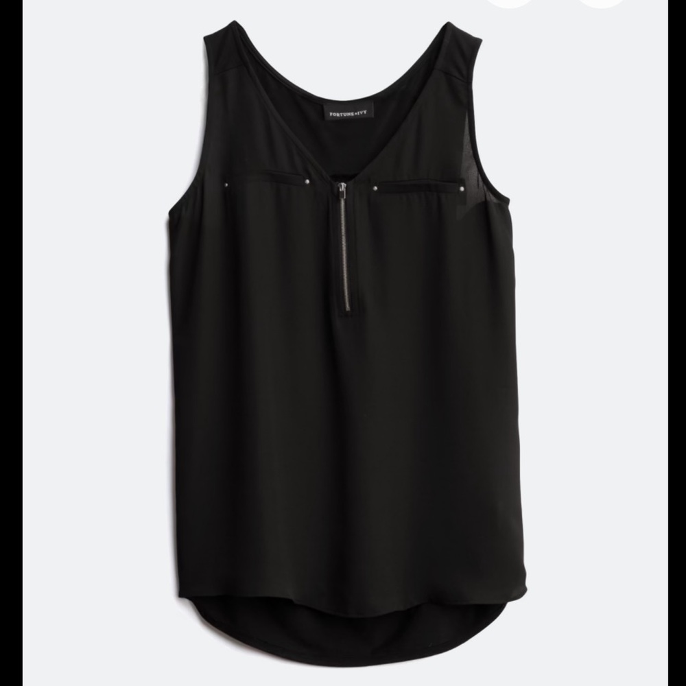 FORTUNE + IVY Lighton Zip Detail Black Mixed Material Sleeveless Blouse -Size XL